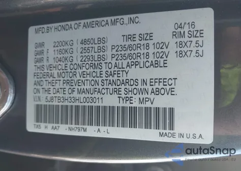 2017 Acura Rdx Acurawatch Plus Package из США, поврежденный, VIN 5J8TB3H33HL003011